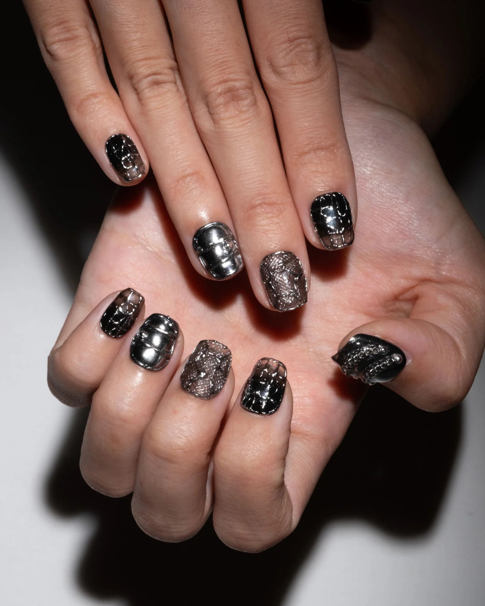 Custom Handmade Luxury Press-on Nails Gothic Black with 3D Silver Chrome Charms Y2K Almond Shape | Fake Gel Nails | Reusable Glue