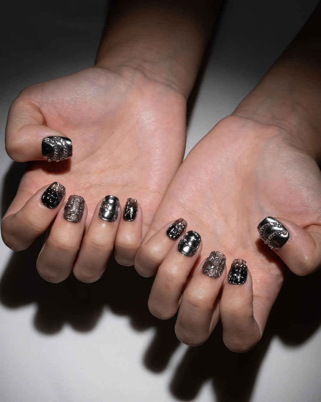 Custom Handmade Luxury Press-on Nails Gothic Black with 3D Silver Chrome Charms Y2K Almond Shape | Fake Gel Nails | Reusable Glue