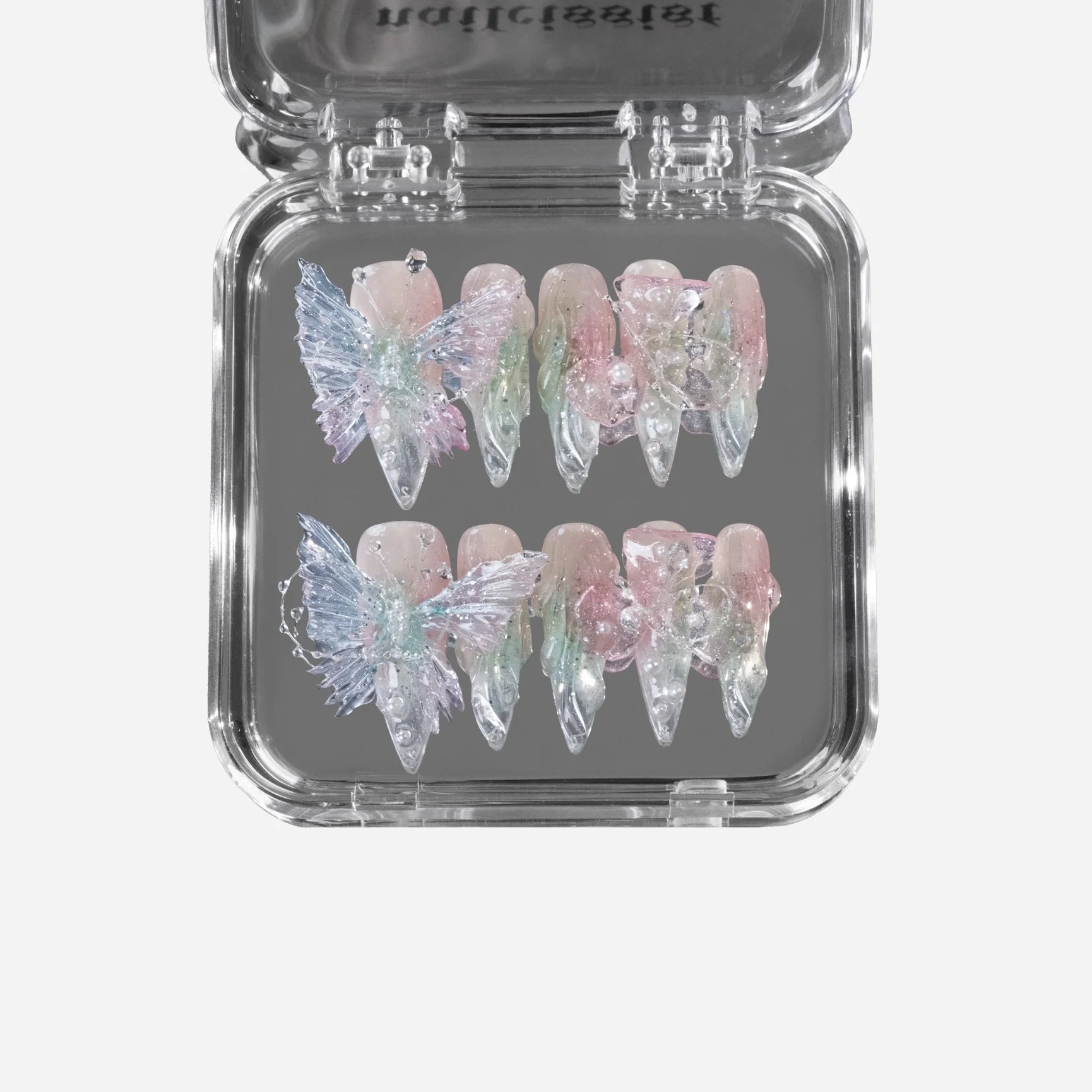 Ethereal 3D Butterfly Stiletto Press-On Nails – Sheer Blush & Mint Crystal Tips