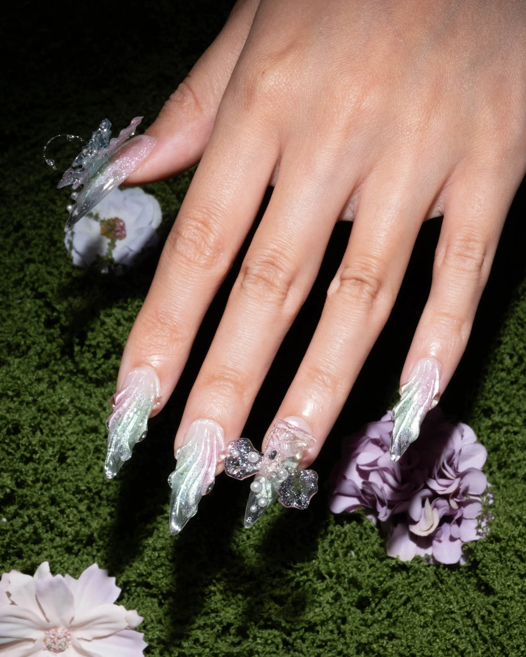 Ethereal 3D Butterfly Stiletto Press-On Nails – Sheer Blush & Mint Crystal Tips