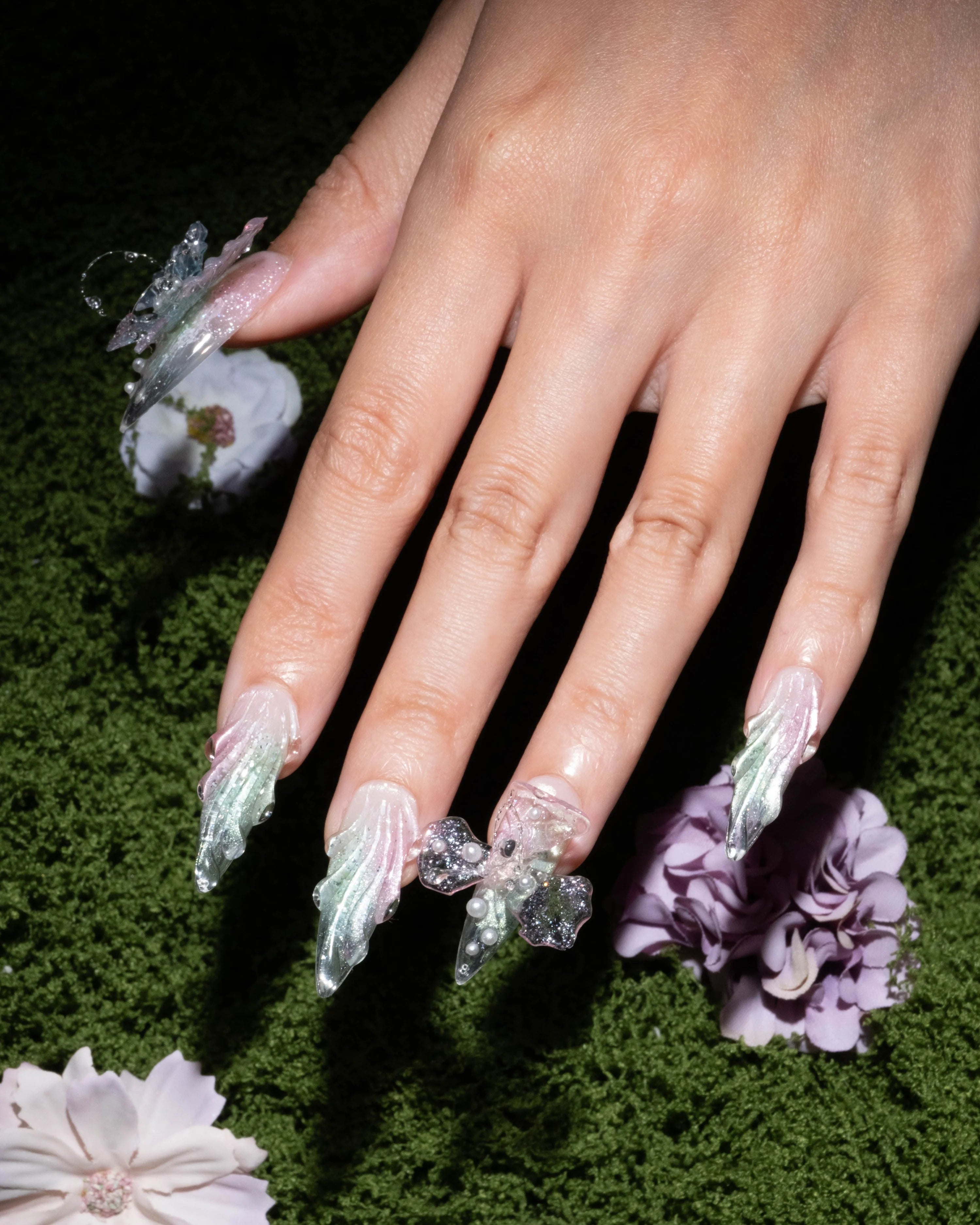 Ethereal 3D Butterfly Stiletto Press-On Nails – Sheer Blush & Mint Crystal Tips