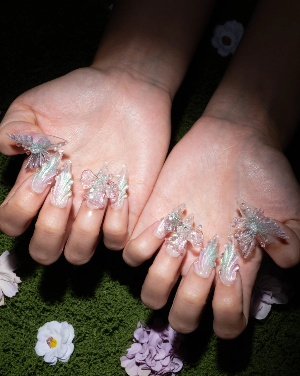 Ethereal 3D Butterfly Stiletto Press-On Nails – Sheer Blush & Mint Crystal Tips