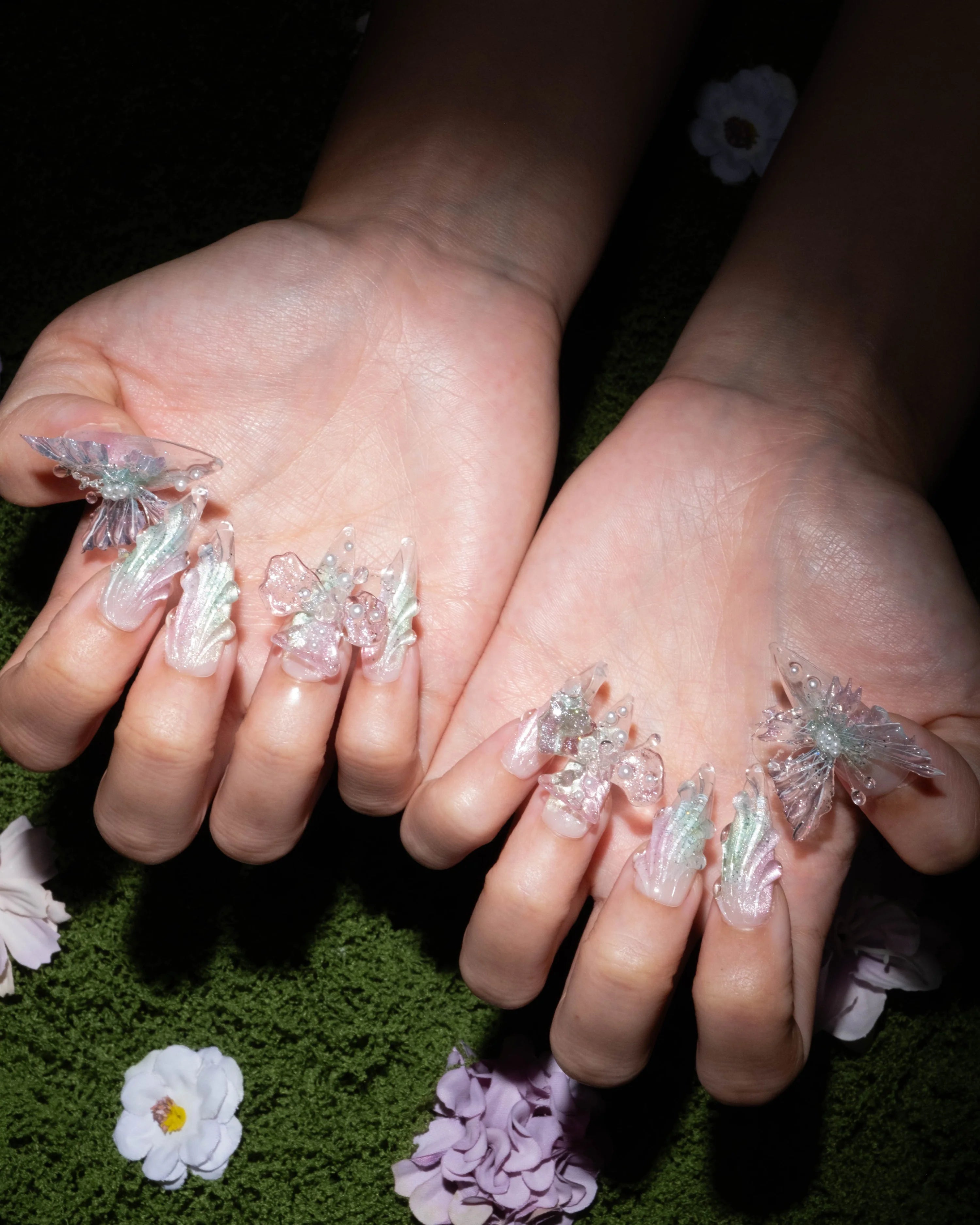 Ethereal 3D Butterfly Stiletto Press-On Nails – Sheer Blush & Mint Crystal Tips