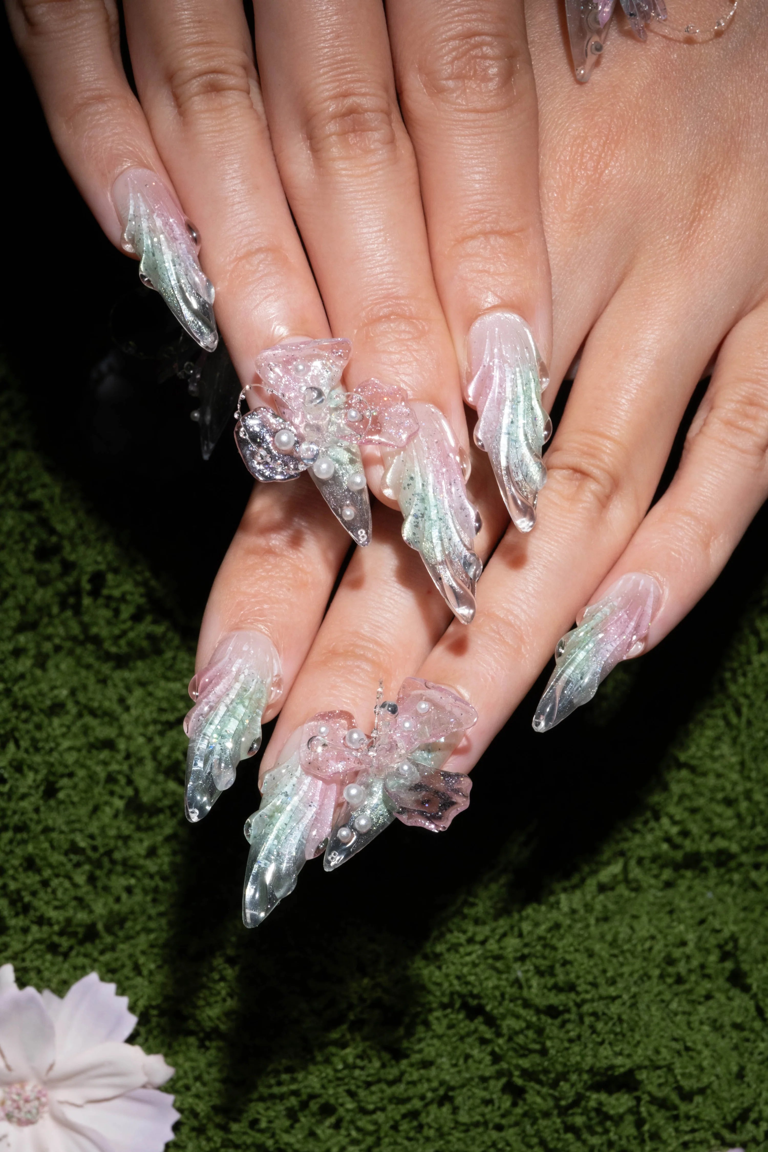 Ethereal 3D Butterfly Stiletto Press-On Nails – Sheer Blush & Mint Crystal Tips