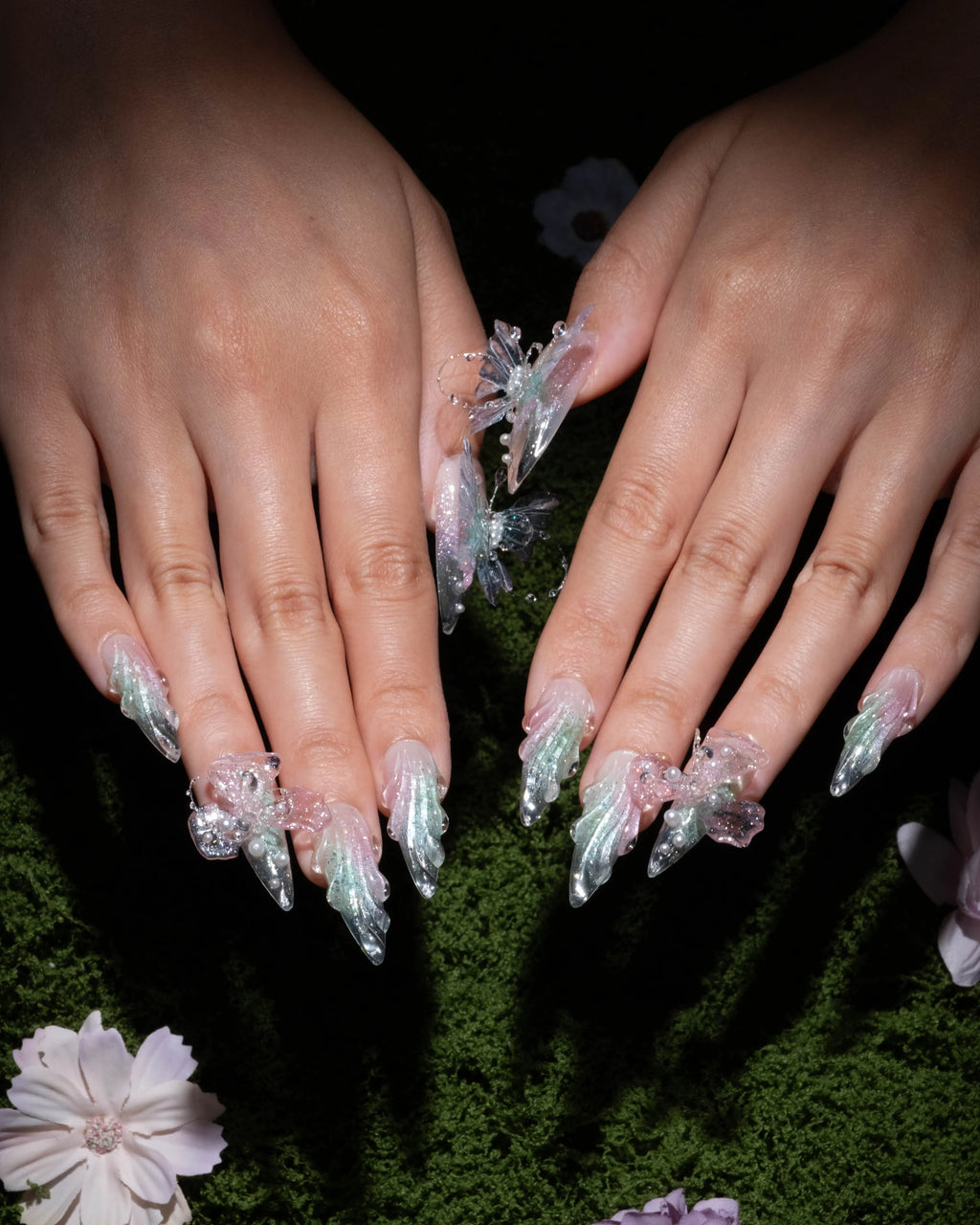 Ethereal 3D Butterfly Stiletto Press-On Nails – Sheer Blush & Mint Crystal Tips