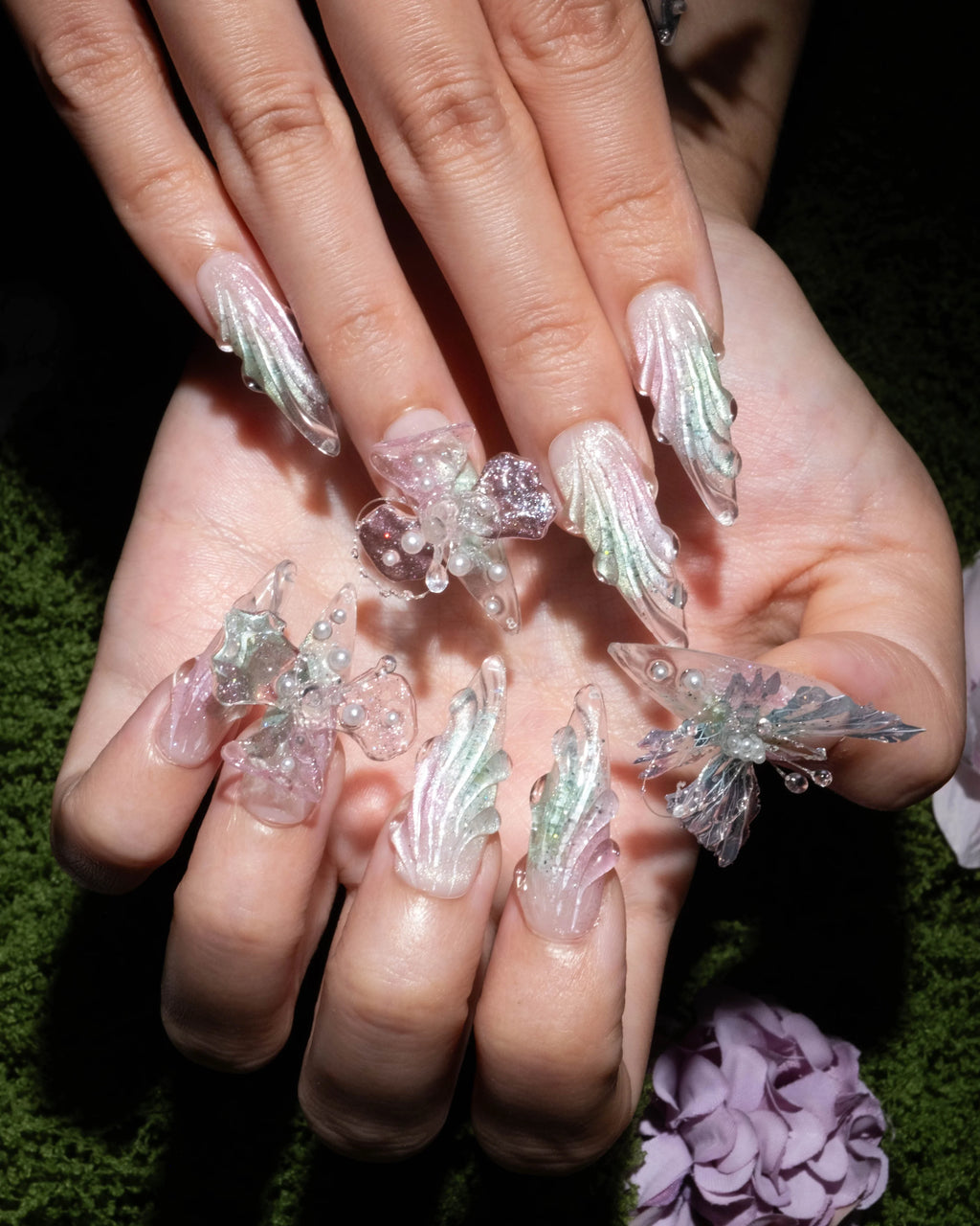 Ethereal 3D Butterfly Stiletto Press-On Nails – Sheer Blush & Mint Crystal Tips