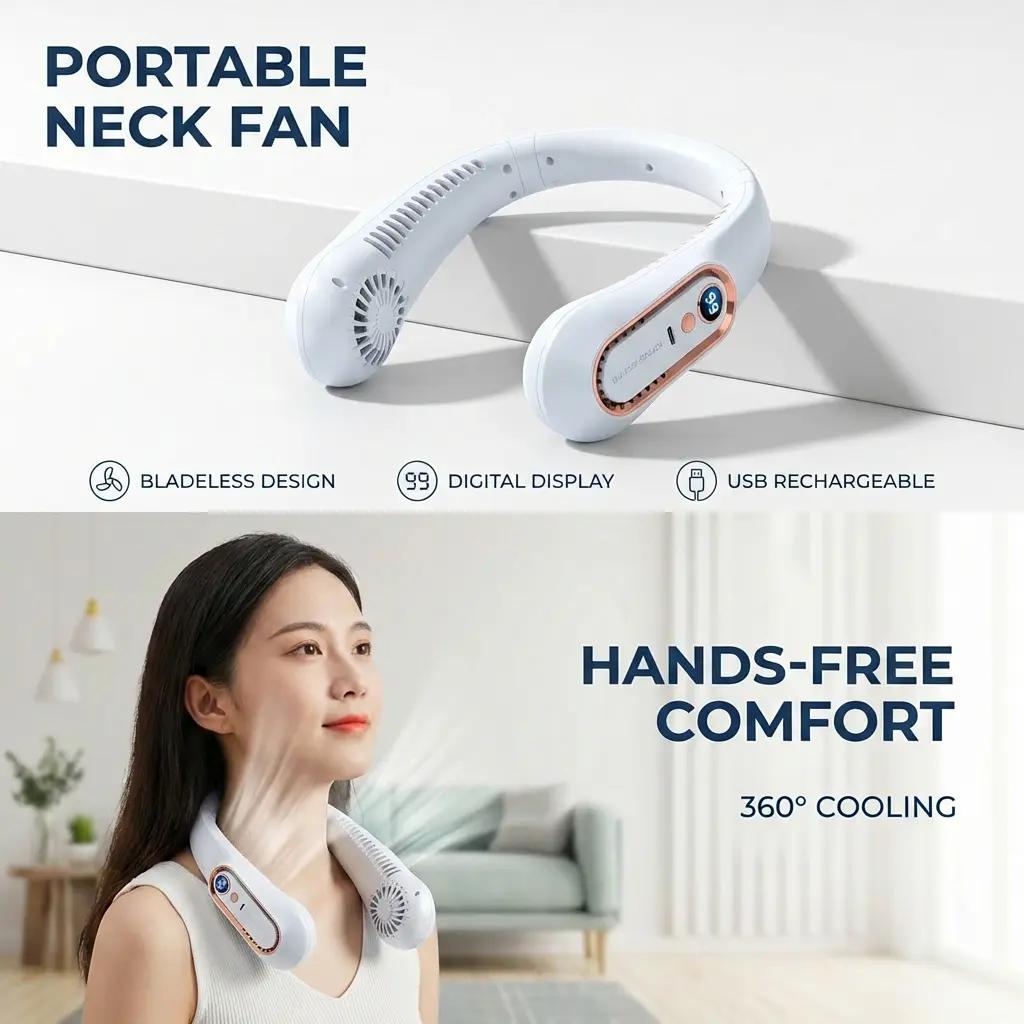 360° Airflow Portable Neck Fan – USB Rechargeable Hands-Free Cooling Fan for Travel, Office & Summer Outdoor Use