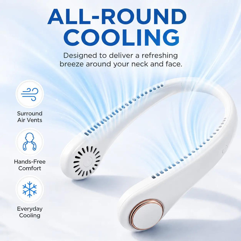 360° Airflow Portable Neck Fan – USB Rechargeable Hands-Free Cooling Fan for Travel, Office & Summer Outdoor Use