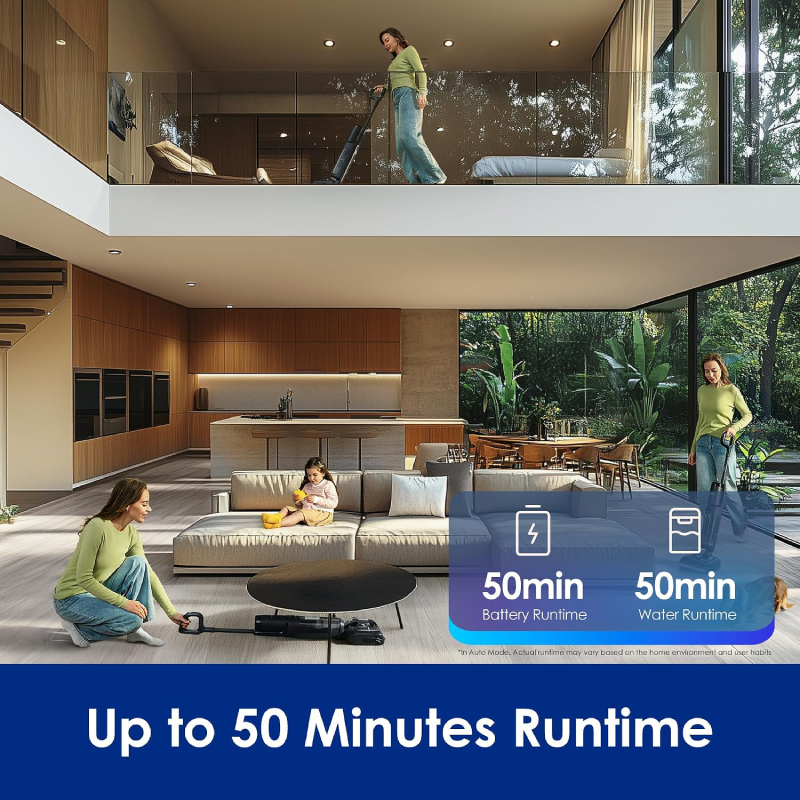 Cordless Wet & Dry Floor Vacuum Cleaner, 180° Lay-Flat Design, 50-Min Runtime, Anti-Tangle & Self-Cleaning System