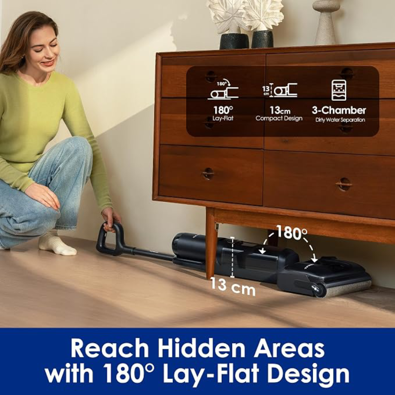 Cordless Wet & Dry Floor Vacuum Cleaner, 180° Lay-Flat Design, 50-Min Runtime, Anti-Tangle & Self-Cleaning System