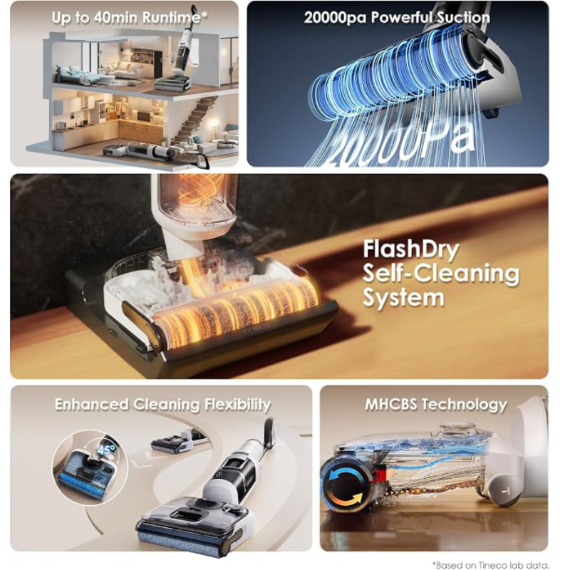 Cordless Wet Dry Vacuum Cleaner – 180° Lay Flat Floor Washer with Self-Cleaning System, Powerful Suction & Long Runtime for Home Cleaning