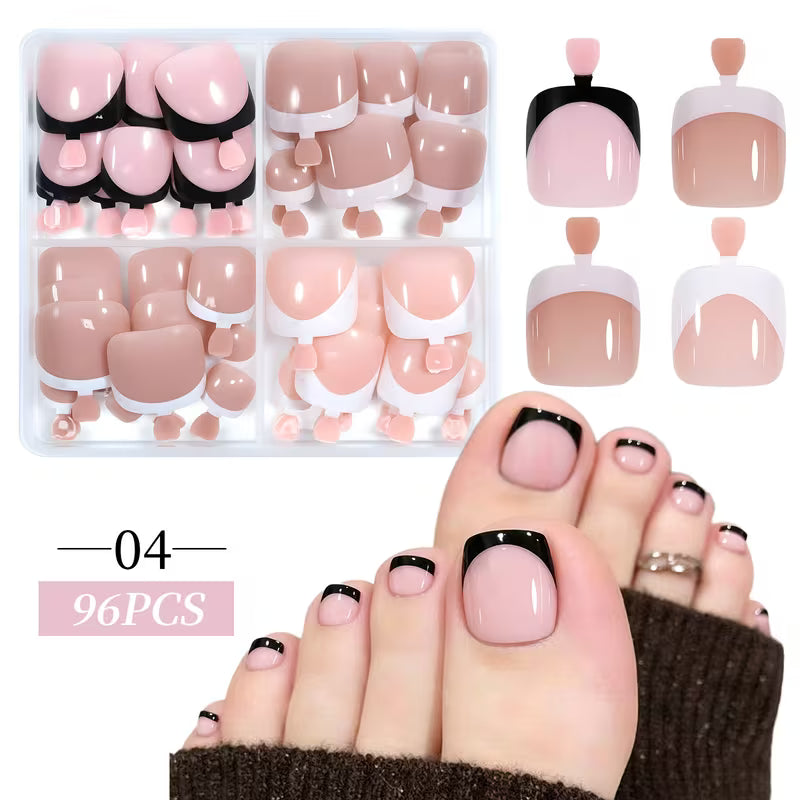 96pcs Press on Toenails 12 Sizes Short Square Fake Nails French Tip Solid Color Glossy Design Natural Fit Reusable False Toenails with Storage Box for Women Summer Beach Party