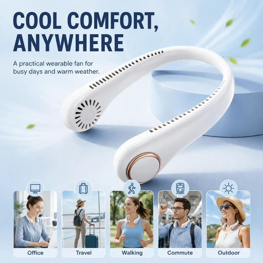 360° Airflow Portable Neck Fan – USB Rechargeable Hands-Free Cooling Fan for Travel, Office & Summer Outdoor Use