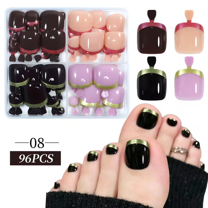 96pcs Press on Toenails 12 Sizes Short Square Fake Nails French Tip Solid Color Glossy Design Natural Fit Reusable False Toenails with Storage Box for Women Summer Beach Party
