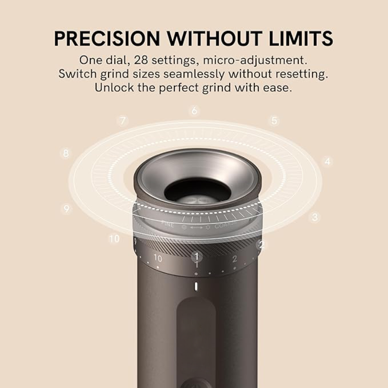 Portable Electric Coffee Grinder with 28 Grind Settings, Precision Burr, One-Touch Grinding, Fast Charging & Auto-Stop