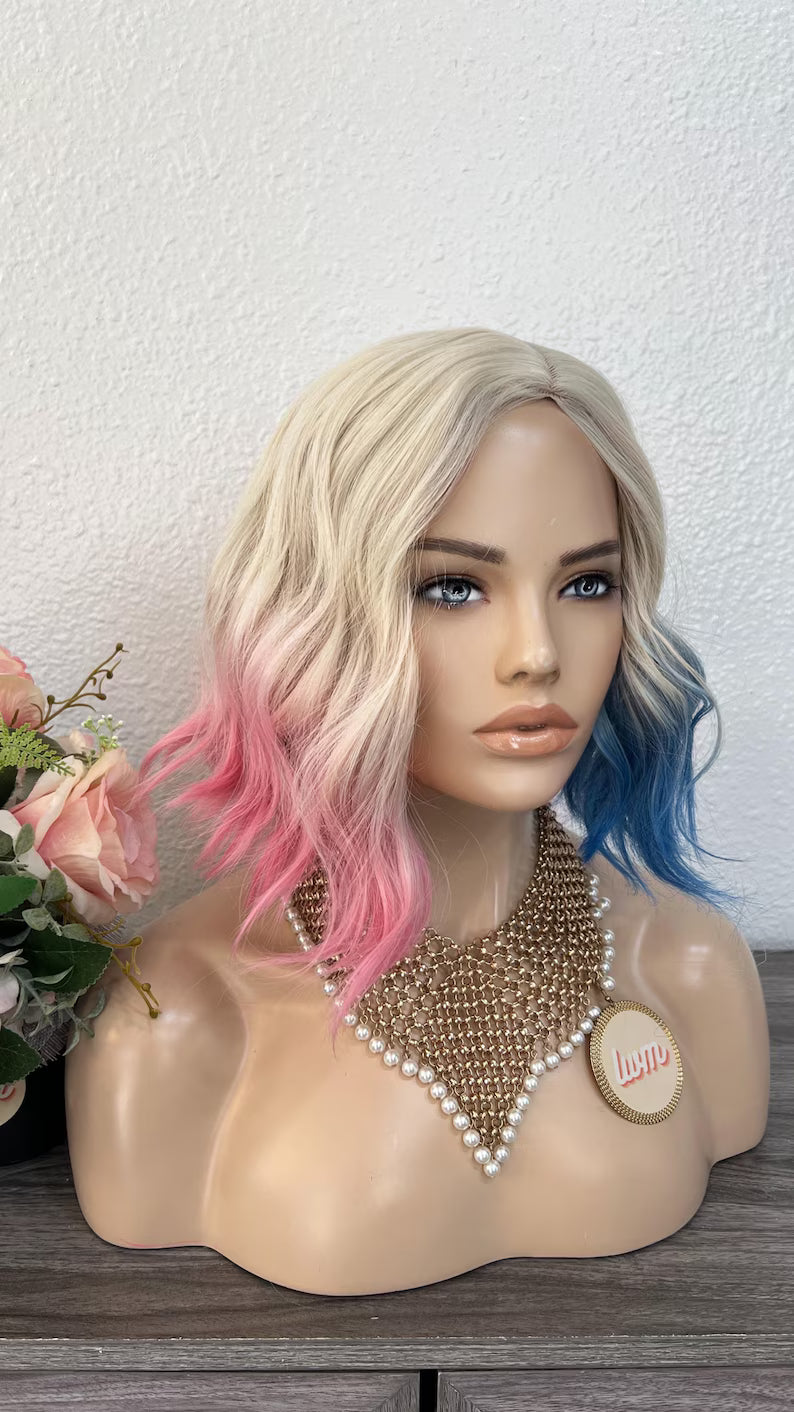 Enid Sinclair Wig: Blonde Pink Blue Cosplay - Addams Family Wolf Girl