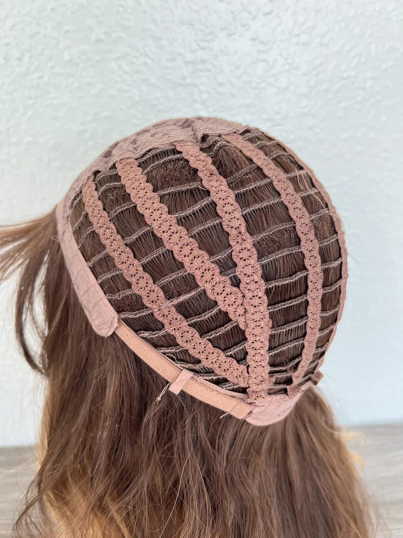 Balayage Caramel Wig with Bangs , Wavy Heat Resistant Synthetic 22 inch