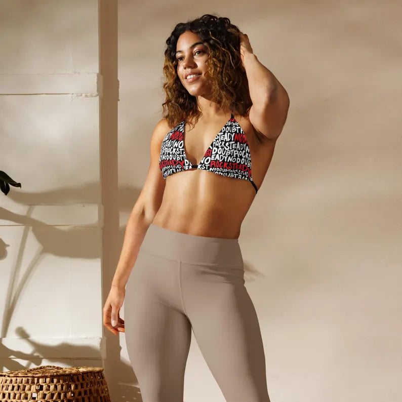 Black Graphic Print Triangle Bikini Top with Adjustable Tie Straps