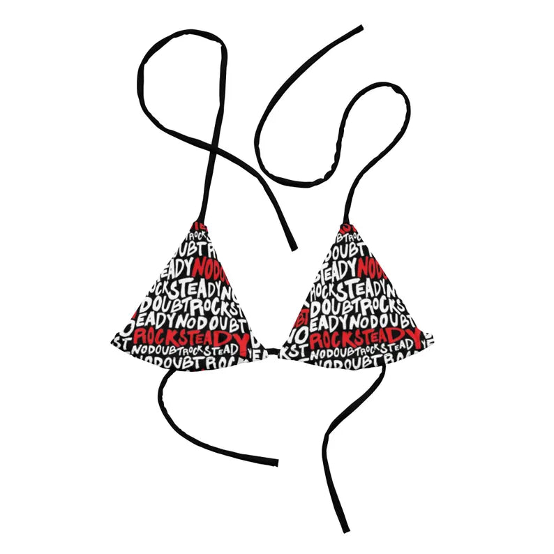 Black Graphic Print Triangle Bikini Top with Adjustable Tie Straps