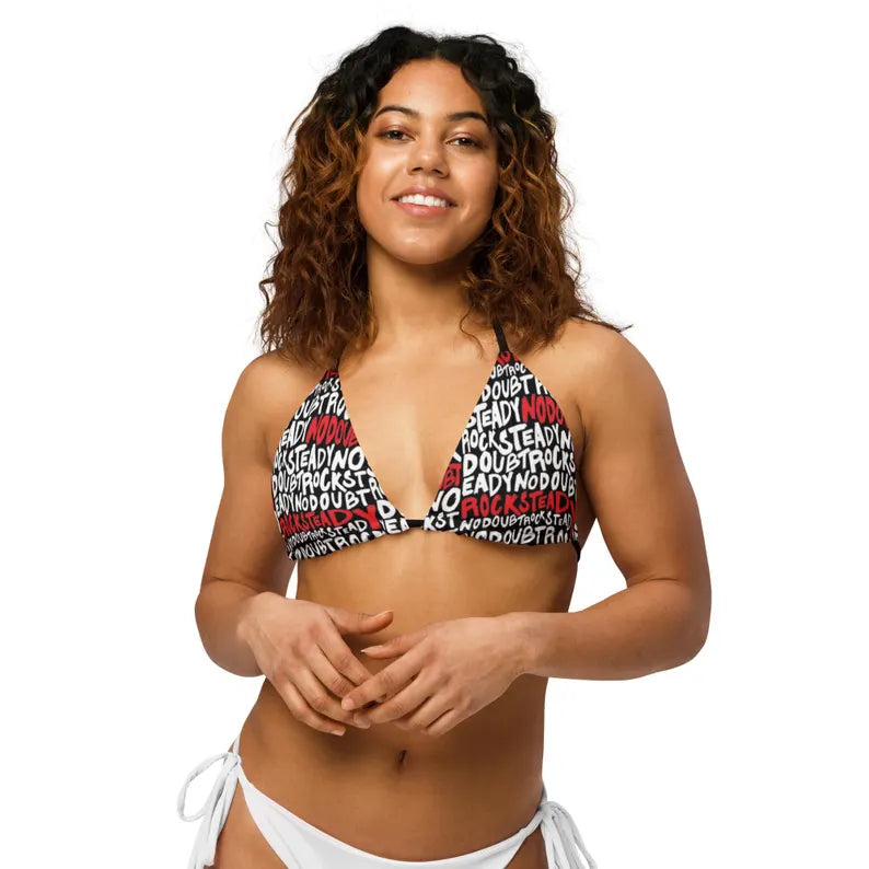Black Graphic Print Triangle Bikini Top with Adjustable Tie Straps