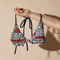 Black Graphic Print Triangle Bikini Top with Adjustable Tie Straps