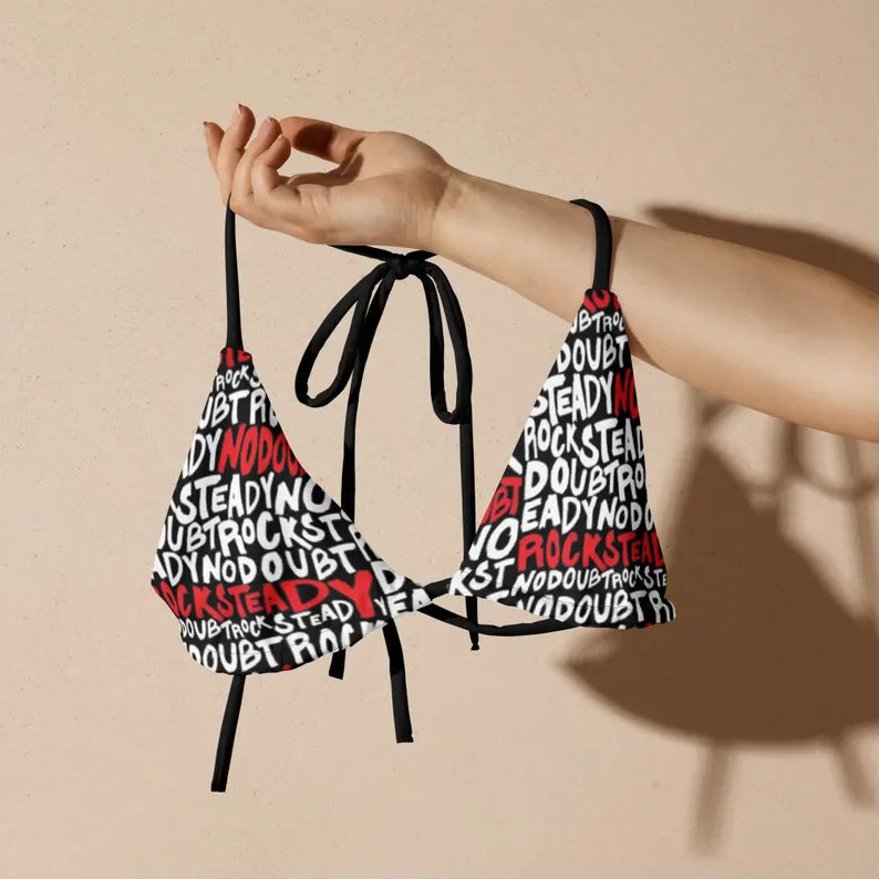 Black Graphic Print Triangle Bikini Top with Adjustable Tie Straps