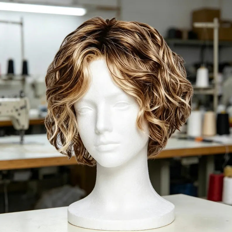 Customized labels,Short Curly Brown Highlighted Bob Wig, Heat Synthetic Wig, Natural Wavy Short Hair Wig for Women, Daily Party Cosplay Wig