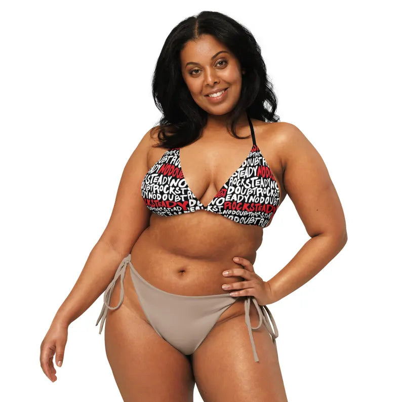 Black Graphic Print Triangle Bikini Top with Adjustable Tie Straps