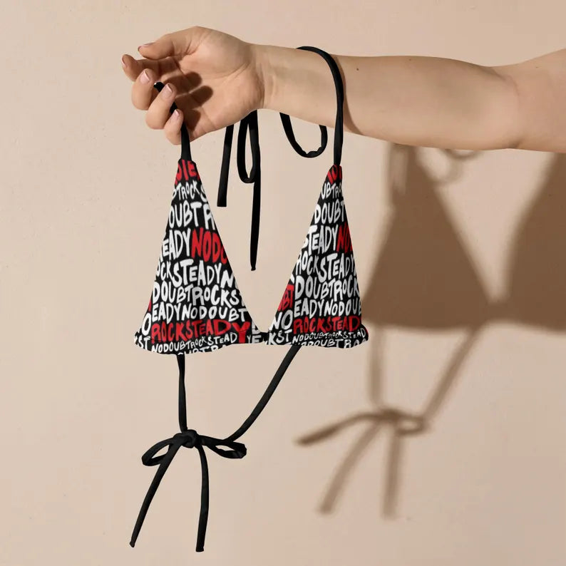 Black Graphic Print Triangle Bikini Top with Adjustable Tie Straps