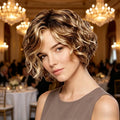 Customized labels,Short Curly Brown Highlighted Bob Wig, Heat Synthetic Wig, Natural Wavy Short Hair Wig for Women, Daily Party Cosplay Wig