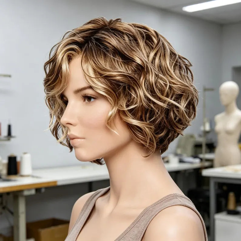 Customized labels,Short Curly Brown Highlighted Bob Wig, Heat Synthetic Wig, Natural Wavy Short Hair Wig for Women, Daily Party Cosplay Wig