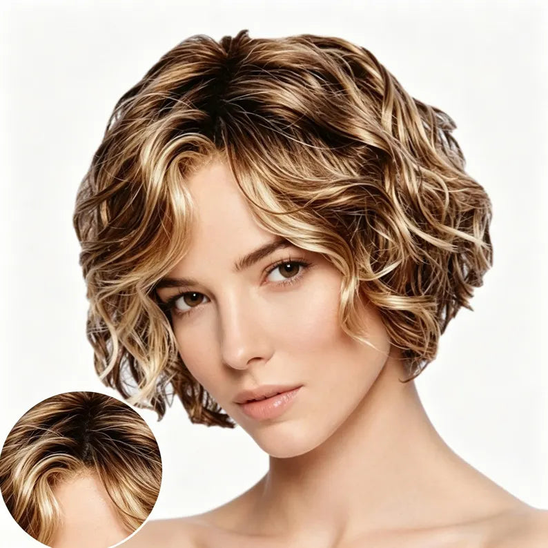 Customized labels,Short Curly Brown Highlighted Bob Wig, Heat Synthetic Wig, Natural Wavy Short Hair Wig for Women, Daily Party Cosplay Wig