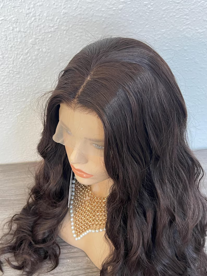 Dark Brown Long Wavy Wig, Free Parting Lace Front 28 Inches