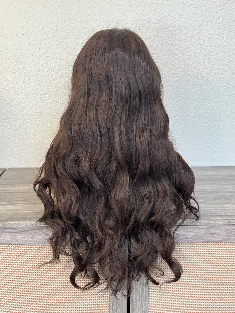Dark Brown Long Wavy Wig, Free Parting Lace Front 28 Inches