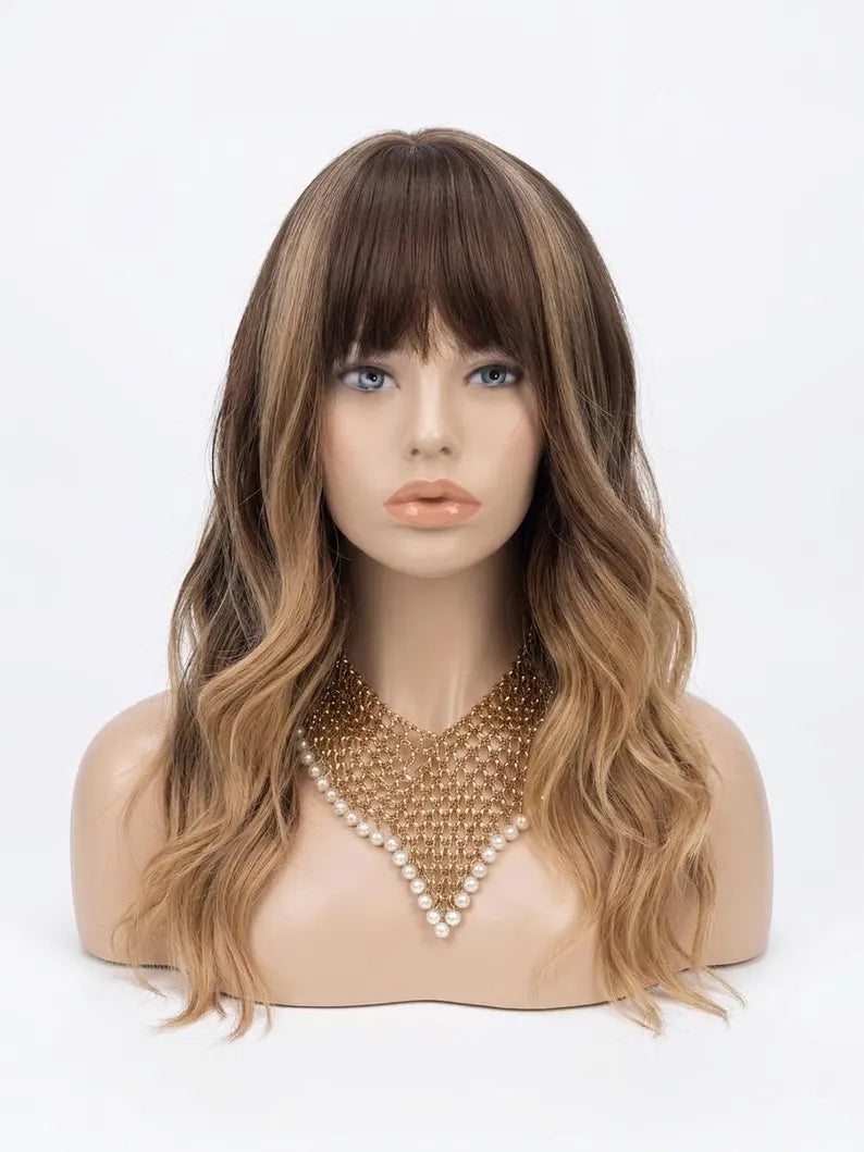 Balayage Caramel Wig with Bangs , Wavy Heat Resistant Synthetic 22 inch