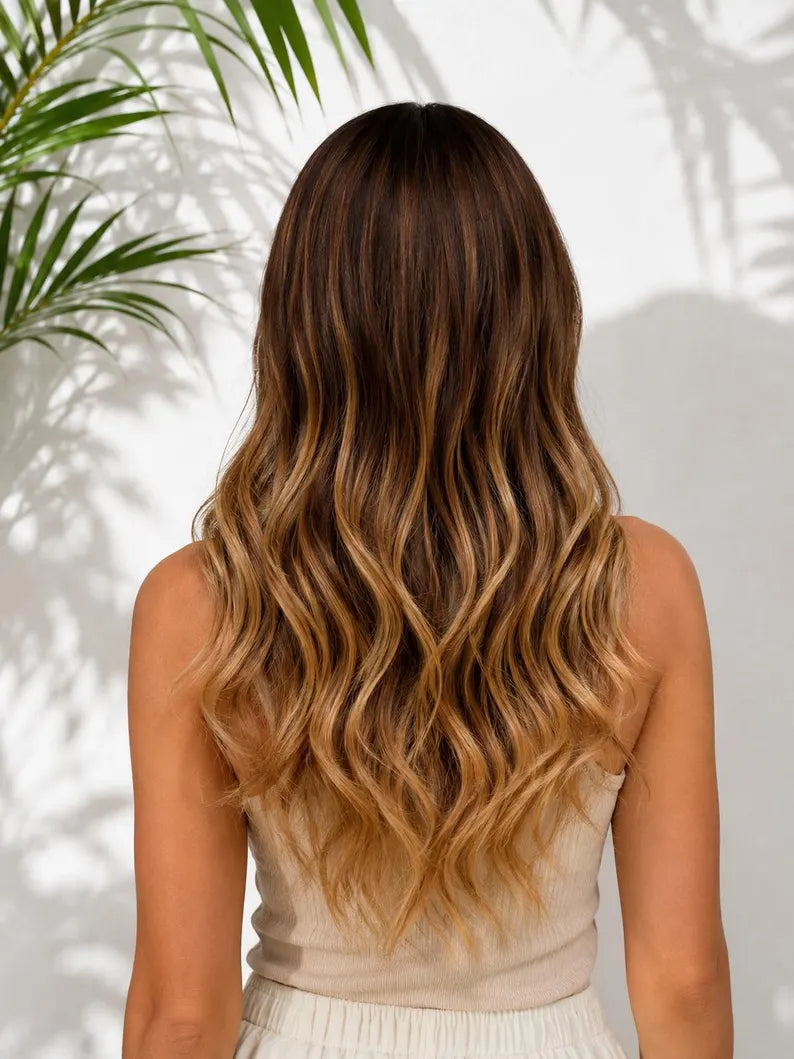 Balayage Caramel Wig with Bangs , Wavy Heat Resistant Synthetic 22 inch