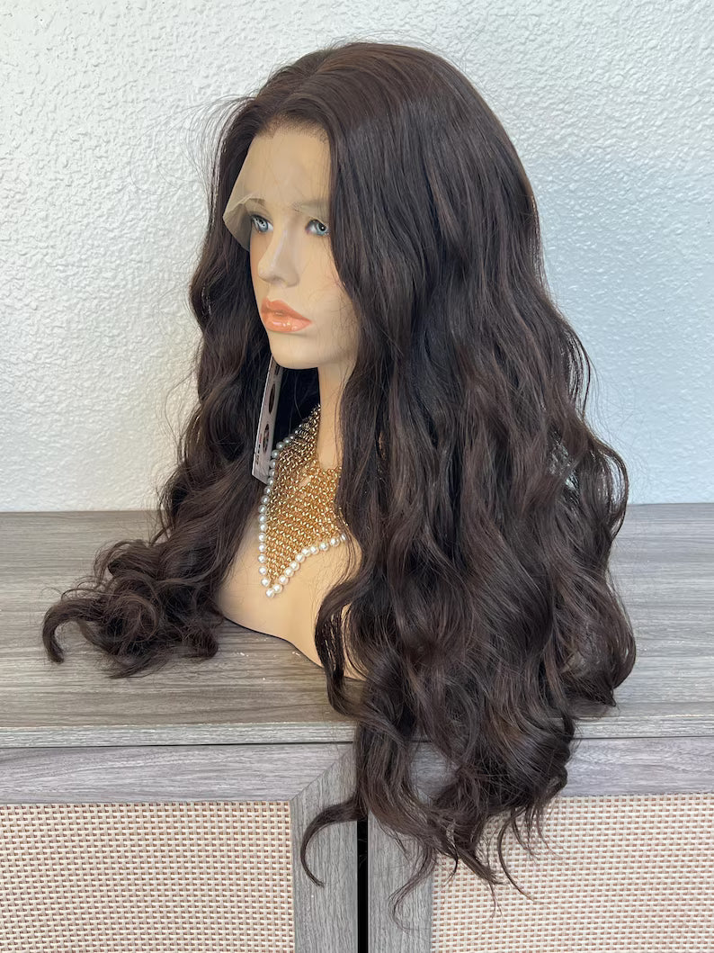 Dark Brown Long Wavy Wig, Free Parting Lace Front 28 Inches