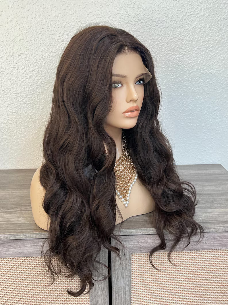 Dark Brown Long Wavy Wig, Free Parting Lace Front 28 Inches