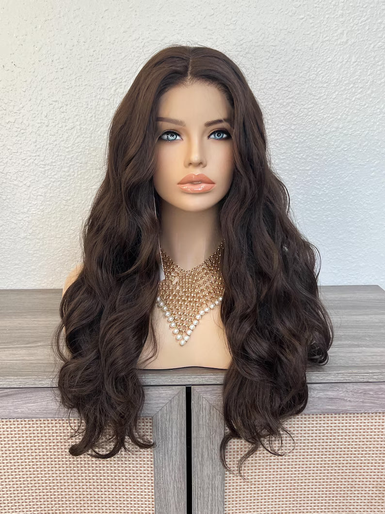 Dark Brown Long Wavy Wig, Free Parting Lace Front 28 Inches