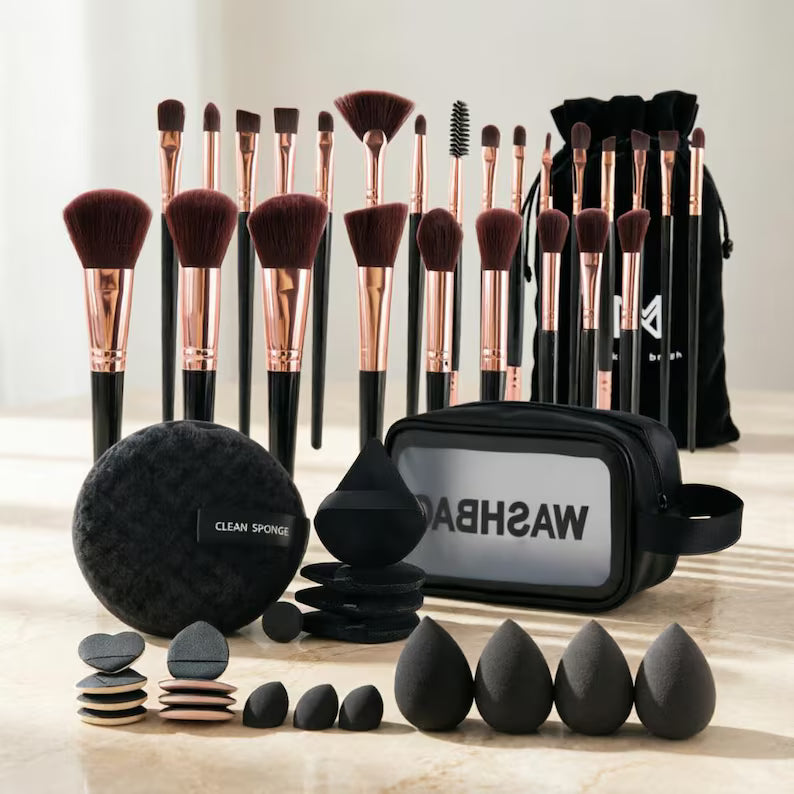 48pcs Makeup Brush Sponge Set, Black Beauty Blender Puff Kit with Wash Bag, Travel Cosmetic Tools Gift for Her