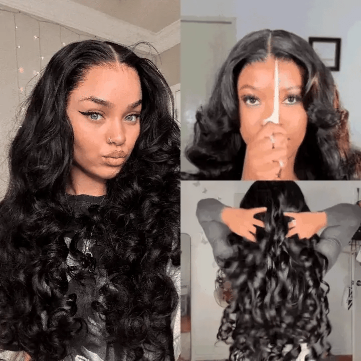 13x4 Lace Loose Body Wave Human Hair Wigs Ocean Wave Lace Front Wigs with Curtain Bangs Full 300% Density
