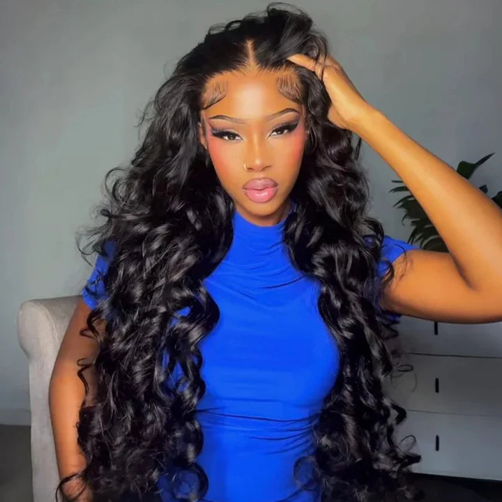 13x4 Lace Loose Body Wave Human Hair Wigs Ocean Wave Lace Front Wigs with Curtain Bangs Full 300% Density