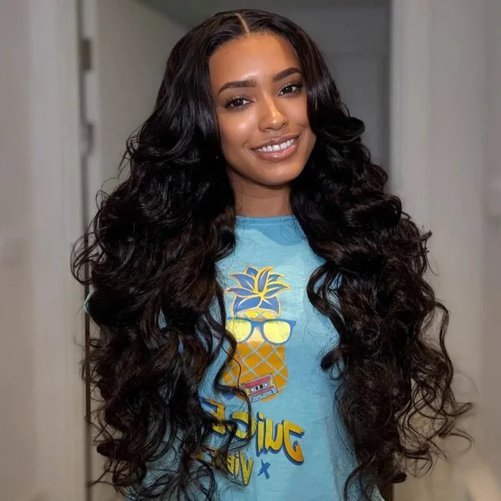 13x4 Lace Loose Body Wave Human Hair Wigs Ocean Wave Lace Front Wigs with Curtain Bangs Full 300% Density