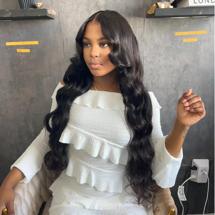 13x4 Lace Loose Body Wave Human Hair Wigs Ocean Wave Lace Front Wigs with Curtain Bangs Full 300% Density