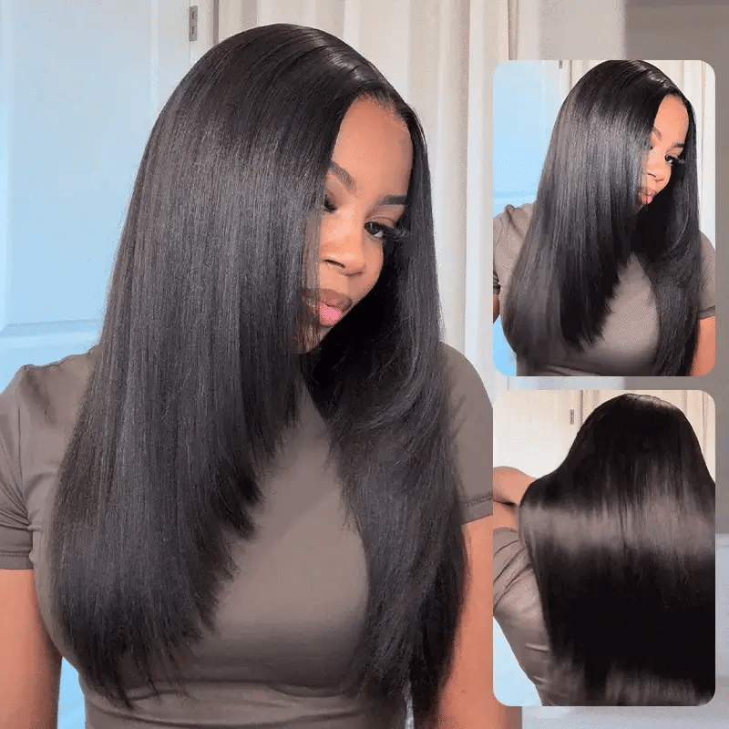 9x6 Layered Cut Bob Straight Wig Natural Black Deep Part Lace Glueless Wig