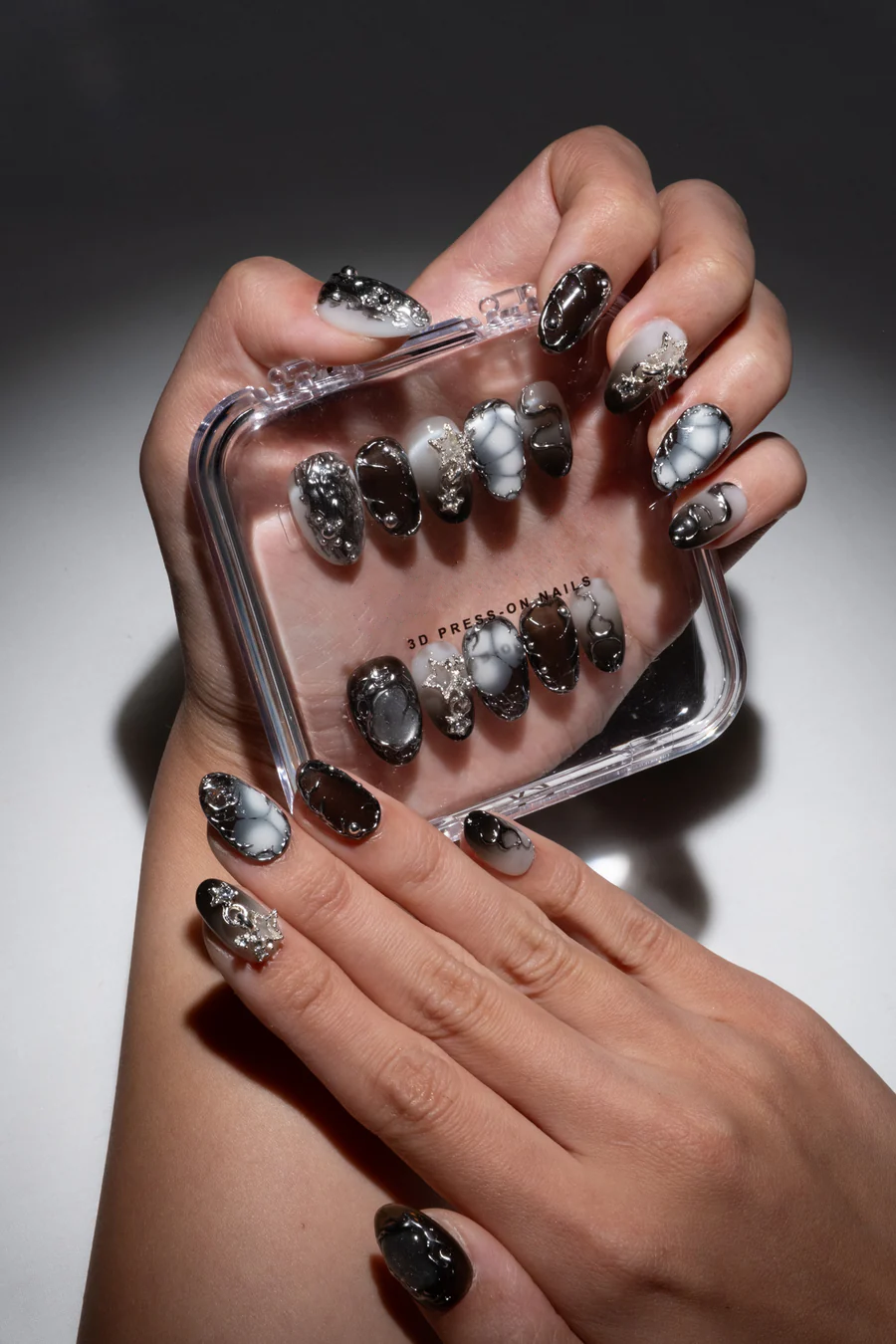 Black lace flower french tip press on nail, silver chrome and cat eye wedding nail, reusable nail