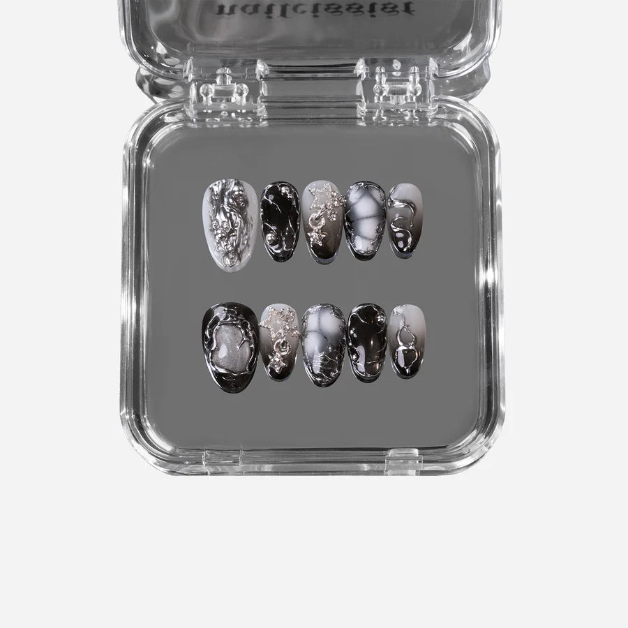 Black lace flower french tip press on nail, silver chrome and cat eye wedding nail, reusable nail