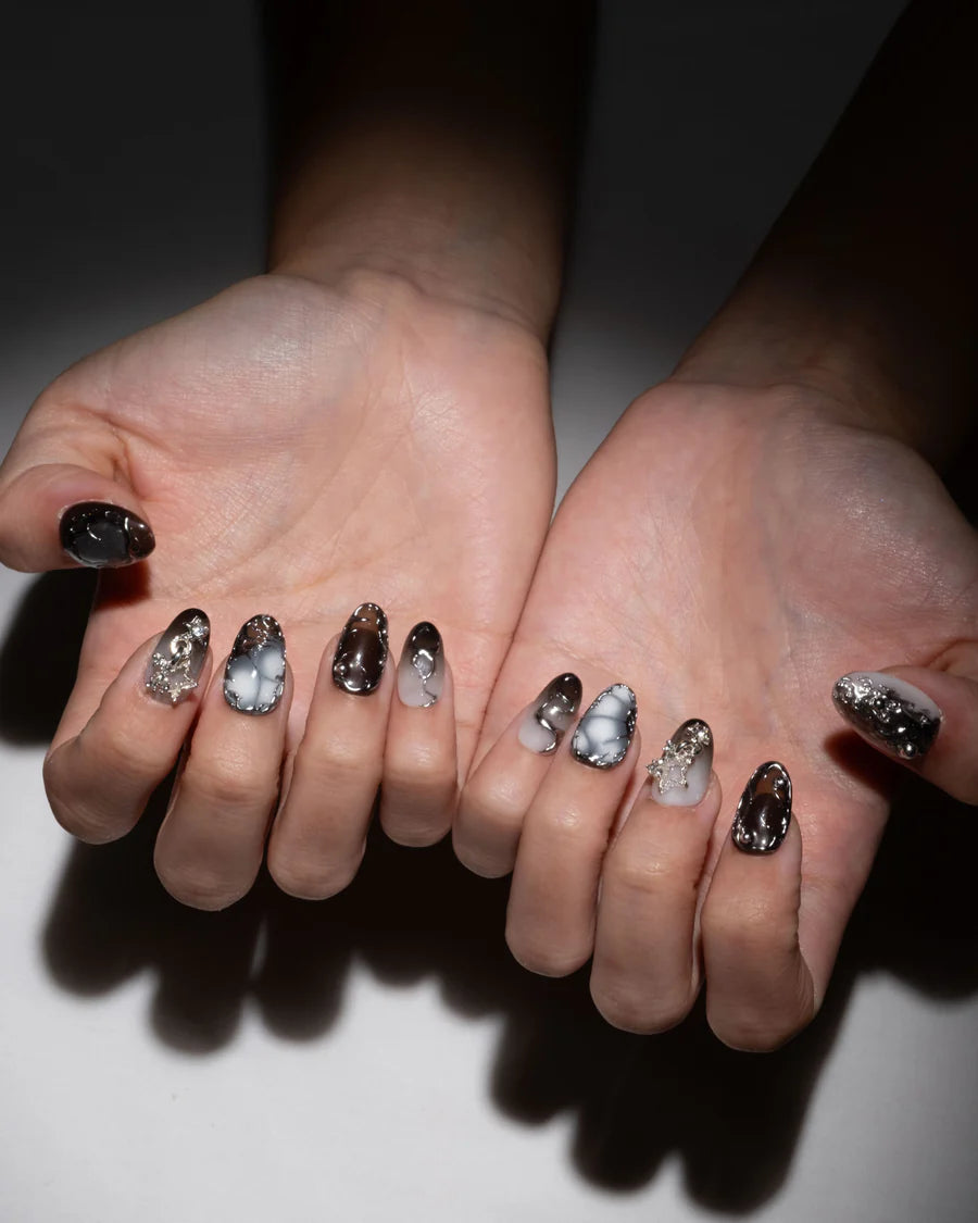 Black lace flower french tip press on nail, silver chrome and cat eye wedding nail, reusable nail