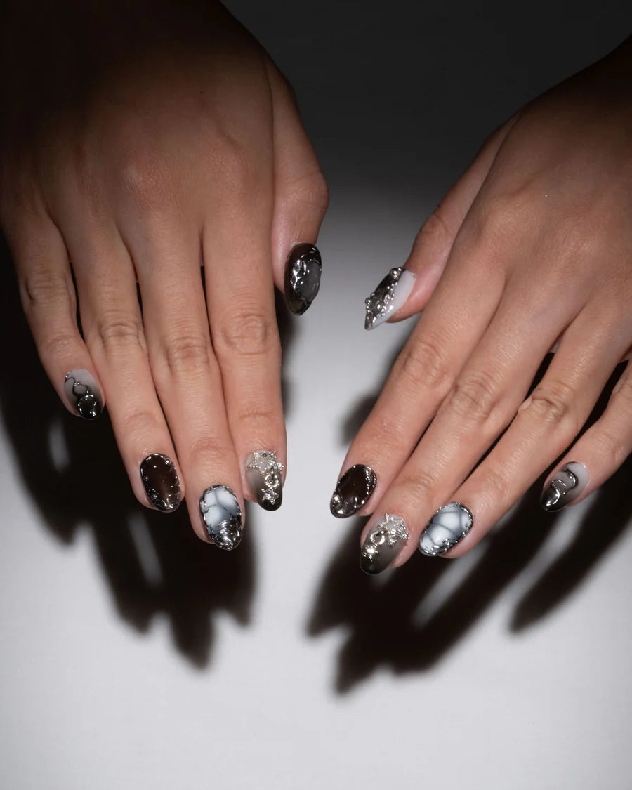 Black lace flower french tip press on nail, silver chrome and cat eye wedding nail, reusable nail