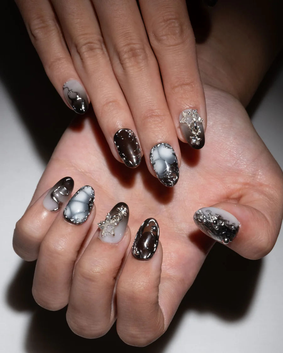 Black lace flower french tip press on nail, silver chrome and cat eye wedding nail, reusable nail